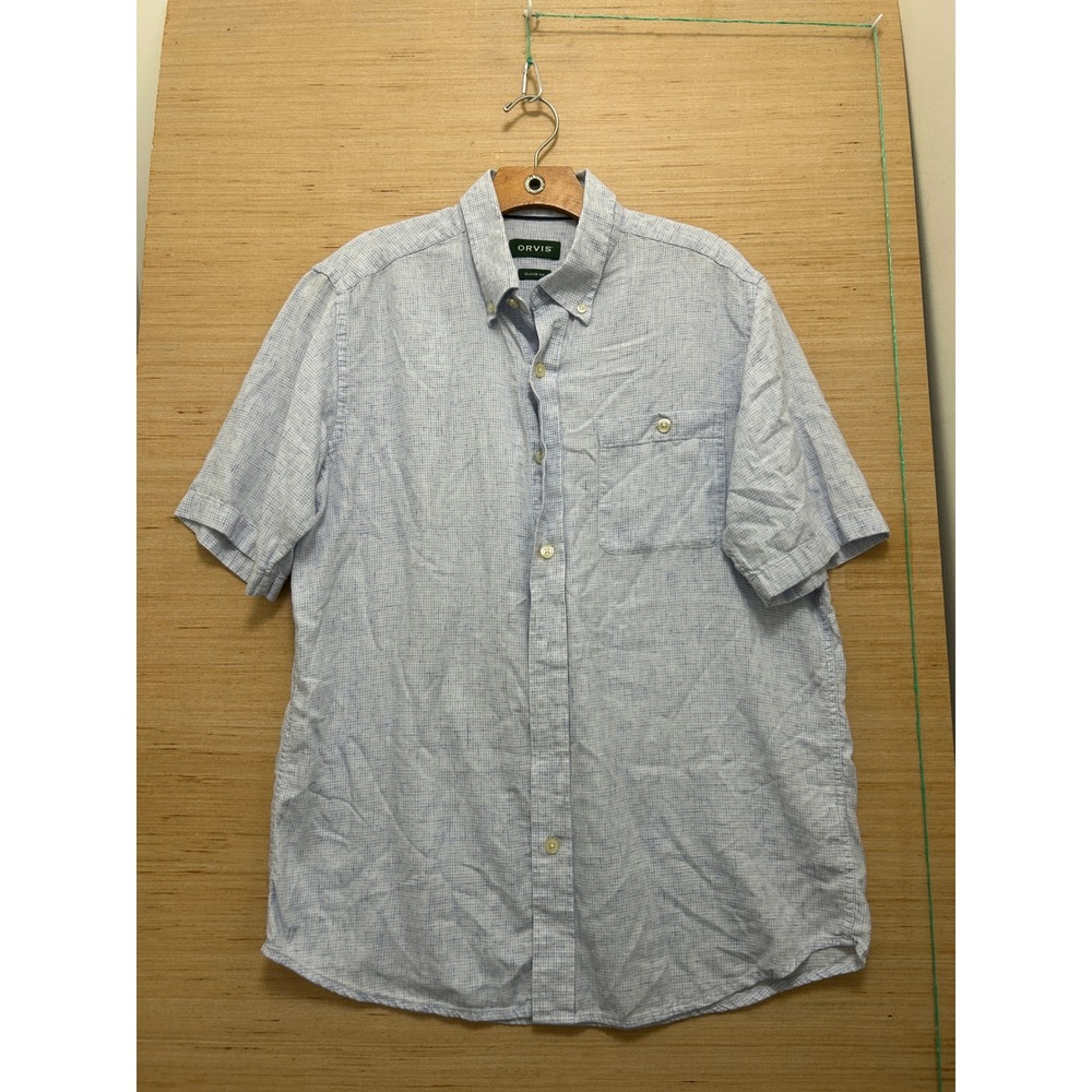 Orvis Mens Short Sleeve Button Down Shirt Blue White Micro Check Classic Fit M